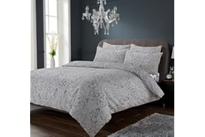 Olivia Rocco Chantilly Duvet Cover Set Modern Print Cotton Rich Quilt Covers Reversible Easy Care Bedding Bed Linen Sets, King Grey