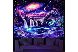 LAHASBJA Blacklight Tapisserie murale motif galaxie Trippy Planète Réactive aux UV Tapisserie Paysage Cascade Fantaisie Vague de montagne Tapisserie murale Mystérieuse Plantes Néon à suspendre pour chambre
