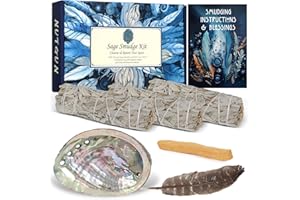 Nutgun Sage Smudge Kit - 3 White Sage Sticks , Palo Santo Stick , Abalone Shell, Smudging Feather & Guide~ Sage Incense Sticks for Cleansing House & Meditation