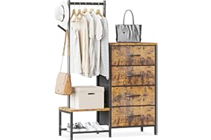 ODK Comoda Dormitorio 3 en 1, con Burro Ropa y 2 Ganchos para Abrigos, Zapatero de Doble Capa en la Parte Inferior, 4 Cajonera de Tela, Ideal para Dormitorio y Pasillo, Colores Vintage