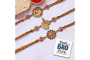 eCraftIndia Set of 3 Lord Ganesha, Peacock, and Floral Designer Rakhis, Best Bro Ever Fridge Magnet with Roli Chawal Pack - R