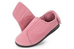 HomeTop Women's Corduroy Slippers Comfy Adjustable Hook and Loop Memory Foam Indoor Closed-back House Shoes for Diabetic Swollen Feet