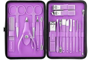ULIYA Manicura Pedicura Set 18 PCS Profesional Cortaúñas Acero Inoxidable Grooming Kit Con Estuche De Viaje De Cuero Lujoso (Violeta)