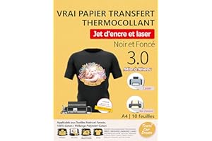 TransOurDream Papier Transfert pour Textile 3.0 - Imprimantes Jet d'Encre & Laser, Pochette 10 Feuilles A4 Papier Transfert pour T-Shirts et Textiles Noirs ou Foncés, Non Impression Miroir FR3-3.0-10