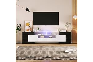 HUAYZ Mobile TV con pannello basso bianco lucido e nero, 200 cm, illuminazione a LED, design moderno, elegante finitura in vetro