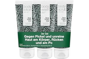 ‎AUSTRALIAN BODYCARE Australian Bodycare Set against pimples on the back, tea tree oil, body scrub, shower gel and body lotion for blemished skin and against pimples on the buttocks, also against itching all over the body, 100% vegan