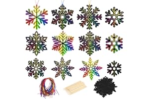 MONCAP 48pcs Fiocchi di Neve Scratch Art Magic Scratch Art Paper Fiocchi di Neve Gratta Bambini Carta Grattare con Corde Colorate Penne Legno Carta Artistica per Bambini L'artigianato