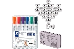 INTERVISIO 12 Imanes de Neodimio para Pizarra Magnetica Blanca| STAEDTLER 351 WP6 Rotuladores Lumocolor, Inodoro, Secado rápido, Paquete de 6 Colores| Bi-Office Borrador Magnético Ligero