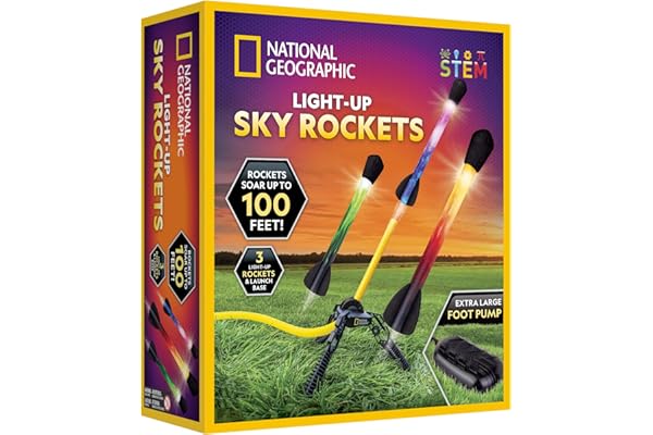 National Geographic Fusée à Air Jouet - Lanceur Ultime de Fusées à LED pour Les Enfants, Piétinez la Pompe et Lancez Les Fusées Lumineuses Pneumatiques à Pointe en Mousse jusqu'à 30,5 Mètres