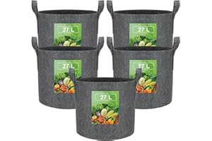 VIEWALL 27L Sac de Plantation Terre en Tissu avec Poignée,Sacs de Culture de Plantes Réutilisable pour Cultiver Pommes Terre,Tomates,Légumes,Fleurs,Un Pot de Jardin Épaissi et Aéré,5pcs Gris