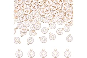 Arricraft 100 Dijes de Cruz Esmaltados Redondos Planos y Blancos Huecos, Crucifijos de Aleación para Manualidades de Pascua, Plástico