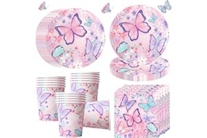 OMZSXK Stoviglie per feste a forma di farfalla, per 16 ospiti, piatti di carta a farfalla, tovaglioli, decorazione di compleanno per bambini