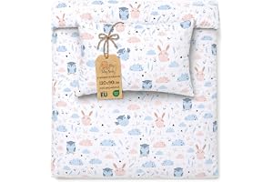 Barnsängkläder 90x120 cm Bomull Påslakan och Örngott 40x60 vändbart | Vändbart med dragkedja för pojke och flicka småbarn i mjuk bomull Oeko-Tex certifierad för barnrum och spjälsäng Uggla motiv