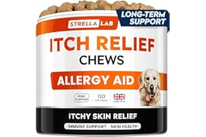 STRELLALAB Allergy Support Chews for Dogs with Omega 3 Fish Oil - Itchy Skin Support Immune Supplement - Skin & Coat Health - Made in USA - Anti Itch & Hot Spots - Pork Flavor - 120ct