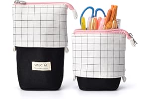 Maomaoyu Cute Cartoon Cat Stand up Pencil, Cat Pencil Case for Girls, Large Lightweight Canvas Holder for Kids Students Adults Girls Boys Presents, White Grid