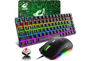 AJAZZ Gaming-Tastatur und -Maus, Typ C-Kabel 84-Tasten-Rotschalter Mechanische Tastatur + RGB12000DPI Ultraleichte programmierbare Honeycomb Shell-Gaming-Maus für PS4, Xbox, PC, Laptop, MAC (schwarz)