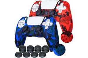 YoRHa Studded Printing Silicone Rubber Customizing Skin Cover for PlayStation 5 PS5 Dualsense Controller x 2(Red Blue) With Pro thumb grips x 8