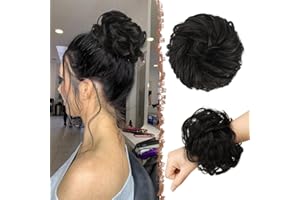 FESHFEN Chignon Postiche Cheveux Grande Postiches, Bouclés Ondulés Extensions Chouchou Postiche Cheveux Naturel Faux Chignon effet decoiffe Elastique pour Femme, Brun Noir 55g