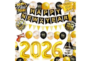 EDONKVI Décoration Nouvel an 2026,Deco Nouvelle Ans Noir Et Or,Or Numéro 2026 Avec Bonne Annee Banderole,Nouvelle Boule Disco 4D et étoile Deco Jour de l'an,Deco Reveillon Decoration de Fete Ensemble