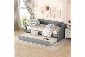 Kehun Kinderbett Polsterbett 90x200 cm, Schlafsofa Tagesbett mit Ausziehbares Rollbett, Sofabett Jugendbett mit Lattenrost aus Holz, Gästebett für Wohnzimmer Schlafzimmer, Leinen, Grau, Ohne Matratze