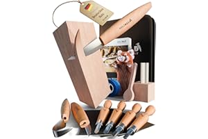 HOLZHELD hochwertiges Schnitzwerkzeug (24 teil.) inkl. 32 S. Anleitung 4 Vorlagen u dt. Schnitzholz zum Schnitzen. Schnitzset M Holzbearbeitungswerkzeug