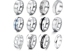 LOLIAS 12 Stück Edelstahl Herren Ringe Silber Matt Finish Poliert Band Ring Kitten Ring Flaschenöffner Ringe Ehering Verlobungsringe Vintage Fidget Ring für Männer Damen