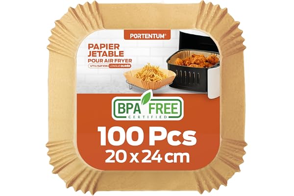 PORTENTUM Papier cuisson air fryer - 100 pièces Food-Grade BPA, 20×24 cm, adapté friteuses 5–8 L, solution idéale pour préparation saine