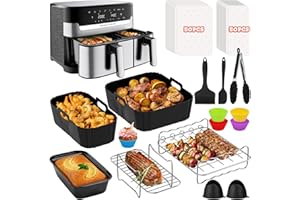 ‎FHZYTG Heißluftfritteuse Zubehör für Tefal EY9018 Dual Easy Fry 5,2/3,1 L, 115 Stück, Grillrost, Grillrost, Kuchenformen, Backpapier, Airfryer Silikonform für Tower T17099/Salter EK5729