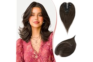 RUWISS Topper de Cabello Humano Real para Mujer Castaño Oscuro con 15% Rubio Cacao Oscuro Pieza Ligera con Clip para Cabello Fino Liso Sin Flequillo