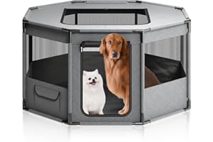 ZYNCOVE Welpenlaufstall aus Oxford-Gewebe, achteckiger Welpenauslauf Rahmen aus PVC-Rohren mit atmungsaktives Netz Seitentaschen, Drinnen Kleintier Freilaufgehege mit 10 Pad, L 112 x 112 x 62 cm, Grau