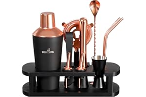 BARMINGO Shaker Cocktail Kit | 11 Pièces, Volume de 700 ML, Noir - Rosé | Shaker Cocktail INOX avec Support et Accessoires de Bar | Set Barman Cocktail Shaker | Kit Cocktail Professionnel