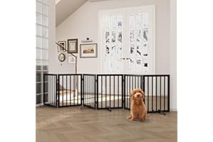 Semiocthome Wood Dog Gates for The House Extra Wide, 6-Panel Freestanding Pet Gates with 4PCS Metal Stands for Doorways and Stairs, 24" H Foldable Dog Fences Indoor, Expands Up to 110" (W)- Black