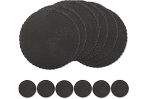 wiipara Round Woven Placemats Set of 6, 34 cm Kitchen Coffee Table Mats with Coasters Heat Resistant Wipeable Table Placemats for Dining Table, Home, Restaurant, Hotel, Cafes (Black)