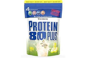 Weider Protein 80 Plus proszek białkowy o smaku truskawki, niska zawartość węglowodanów, wieloskładnikowe białko serwatkowe. 500g