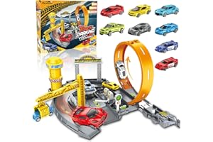 PATEMZON Circuit Voiture Enfant, Piste de Course avec 8 Voitures, Looping et U Track, Set Circuit Voitures avec Autocollants et Panneaux Routiers, Piste de Voiture pour Enfants de 3+ Ans