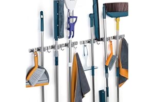 Damita Colgador escobas y fregonas soporte escobas pared adhesivo, Acero inoxidable antideslizante para Cocina Baño Jardín - escobero pared 2 Piezas (Argento, 3 Posiciones y 4 Ganchos)