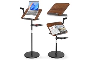 AOIKOY Leggio regolabile 2 in 1 per la lettura, doppio uso da tavolo e da pavimento, leggio con vassoio e fermapagina elastici per spartiti, ricette, tablet, laptop, altezza regolabile 23,5-52 pollici (Noce)