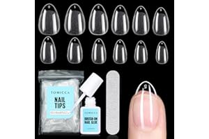 TOMICCA Kit Capsule Americaine Ongle avec Colle, 240 Pièces Courtes Amande Tips Ongles Artificiels & 7g Colle Faux Ongles, Qualité Professionnelle Salon, 12 Tailles