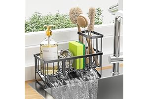 KEMDH Kitchen Sink Caddy Organiser, Sink Tidy with Removable Brush Holder, Sponge & Soap Holder,Stainless Steel Cleaning Utensil Caddy for Kitchen,Black
