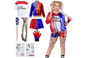 Luclay HK Cos Quinn Kostüme für Erwachsene Mädchen- Damen Karneval Bösewicht Suicide Faschings Cosplay Kostüme mit Jacke T-Shirt Shorts Tattoo Handschuh Netzstrümpfe für Halloween Cosplay Kostüme