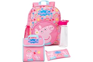 Peppa Pig Kinder 4-teiliges Rucksack-Set | Mädchen Jungen Animiert George Pig Hearts Rosa Rucksack Lunchtasche Federmäppchen Wasserflasche | Back to School Bag Geschenke