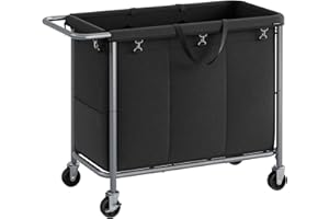 SONGMICS Kosz na pranie 3 przegródki, 200 litrów, kosz na pranie z kółkami, wózek na pranie, wyjmowana torba na pranie, stalowa rama, z uchwytem, przestronny, 91 x 39 x 81 cm, tusz czarny RLS005B01