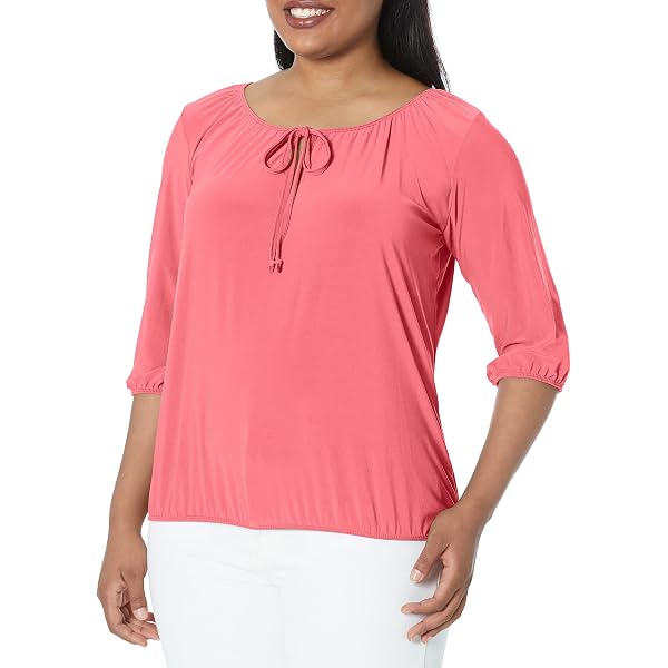 Star Vixen Women's 3/4 Sleeve Peasant Top With Front Tie - Fuchsia Petite/Small Knit Blouse