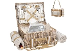 G GOOD GAIN Picknickkorb für 2 Personen mit Decke – Picknickkorb aus Weide mit Gurt, Weintasche, Picknick-Set aus Weide für 2 Personen mit isoliertem Kühler, Weidenkorb mit Besteck-Set, Beige