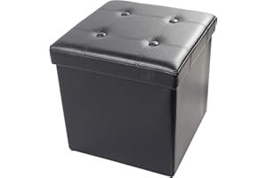 D&D Quality Puff Almacenaje, Asiento Acolchado, 38 x 38 x 38 cm, Plegable - Exterior Polipiel Suave - Carga Máxima de 300 kg (Negro)