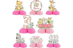 JOLLYBOOM Young Wild and Three Birthday Decorations for Girl, Safari Centerpieces for Tables, Double-Sided Printing Pink Jungle Safari Animal Centerpiece Honeycomb for Table Safari 3rd Birthday Decorations