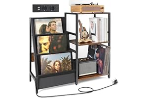Bikoney Soporte para tocadiscos con toma de corriente, mesa auxiliar con almacenamiento de discos de vinilo de 3 niveles, hasta 200 álbumes, soporte giratorio