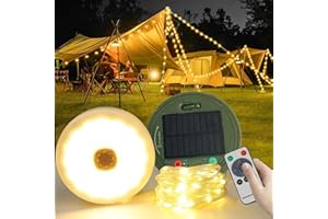 LUCKFEN Guirlande Lumineuse Solaire de Camping 10M Rechargeable USB-C/Solaire - 8 Modes d'Éclairage, Télécommande, Minuterie, 12H Autonomie, IP44, Léger 270g - Blanc Chaud pour Tente, Jardin, Randonnée, Noël.