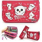 Limmy Pencil Case White Cat Kawai Organizer Pencil Case Vegan Leather Three Compartment Pen Holder