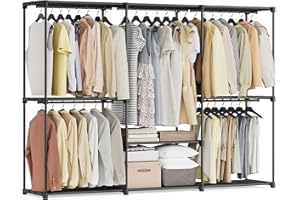 SONGMICS Clothes Wardrobe, Portable Closet, Open Storage Wardrobe, Clothes Garment Rack, 205 x 43 x 166 cm, 5 Hanging Rods and Shelves, for Bedroom, Living Room, Laundry Room, Ink Black RYG035B01